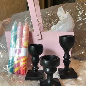Wooden gift box with three candle holders and candles